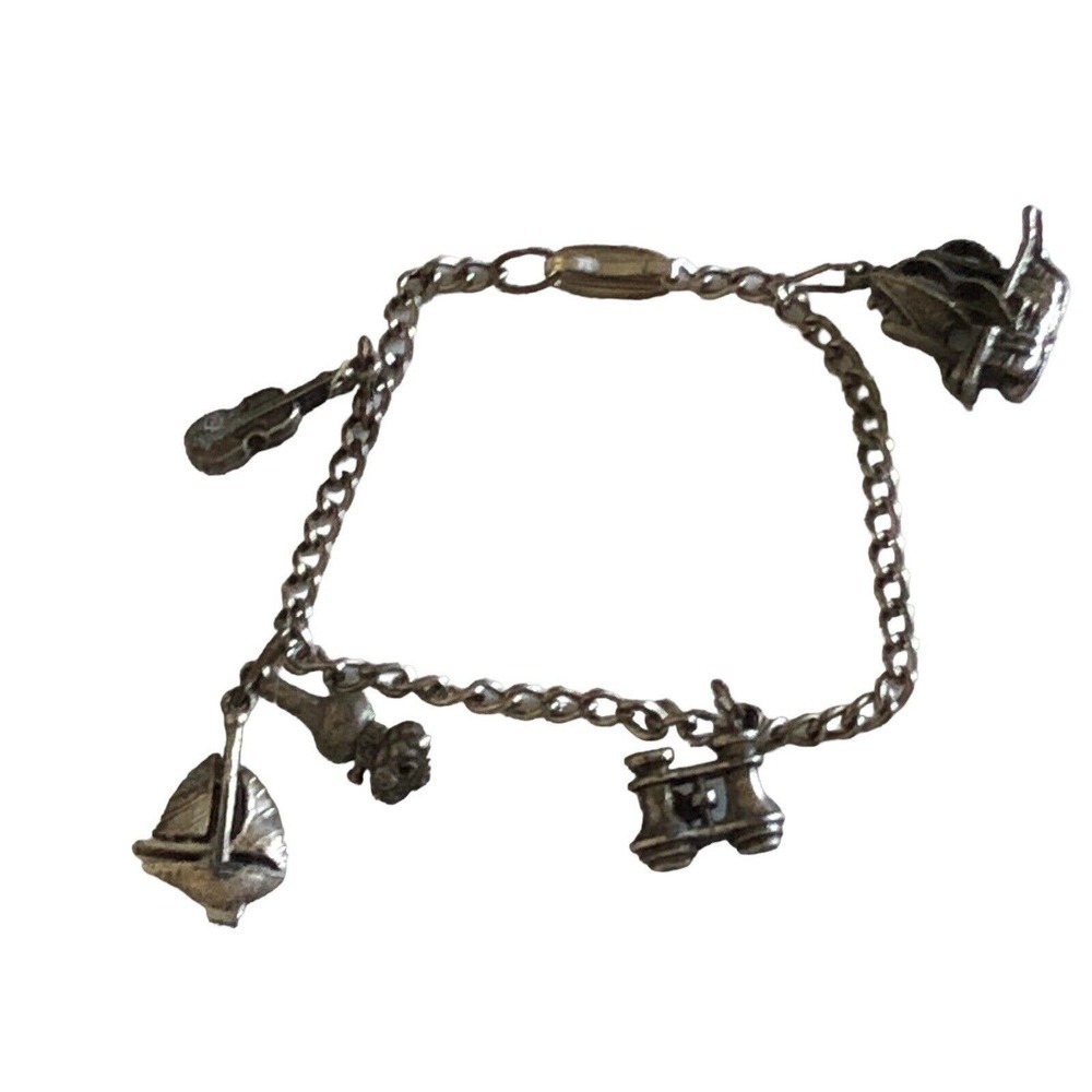 Antique Art Deco Metal Charm 7.￼25” Bracelet 5 Charms Ships Violin Binoculars